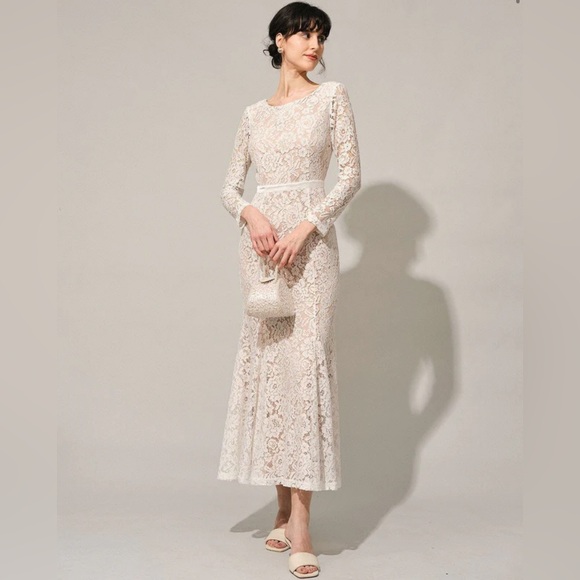 NWT RIHOAS The White Lace Long Sleeve Backless Maxi Dress Sz S - Picture 4 of 16